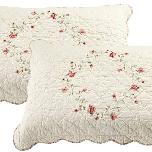 2-pc Floral Embroidered Pillow Shams Queen 100% Cotton Quilted (Cream,20"X28") - Picture 1 of 10